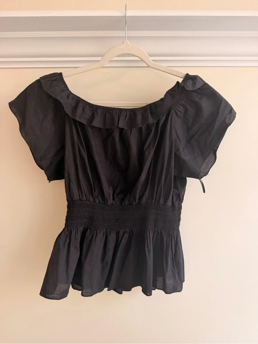 Adam Lippes Black Ruffle-Neck Smocked Peplum Top - Picture 2 of 4
